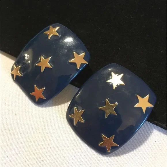 Vintage Navy Blue Earrings With Gold Stars - Picture 3 of 4